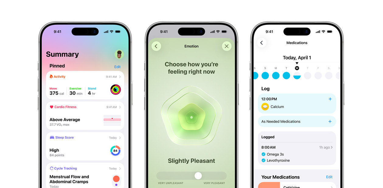 ثلاثة أجهزة من iPhone تعرض تطبيق صحتي من Apple.‏
