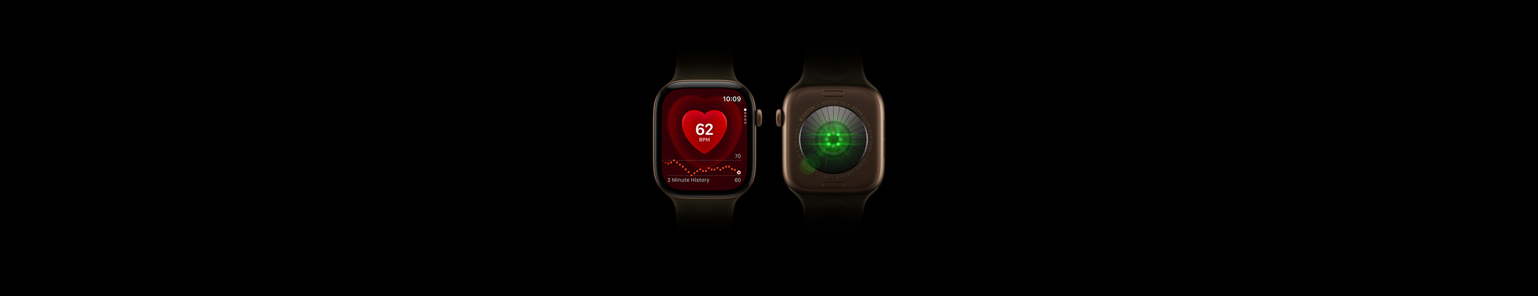 兩隻 Apple Watch Series 12，深銅色鋁金屬錶殼，配搭橄欖色運動錶帶。一部展示正面，螢幕顯示心率 app；另一部展示背面，展示健康感應系統的綠色 LED 燈在發光