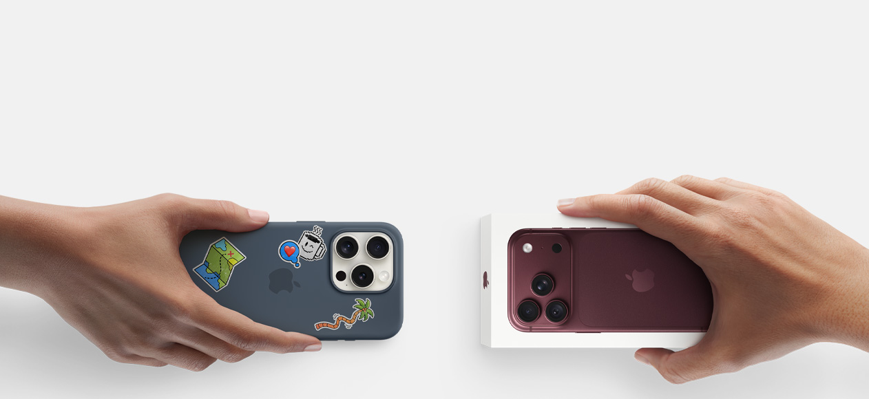 Händer som byter in en iPhone 17 Pro i färgen silver med silikonskal och klistermärken på baksidan mot en ny iPhone 18 Pro i bourgogne (mörkrött) som ligger i sin förpackning.