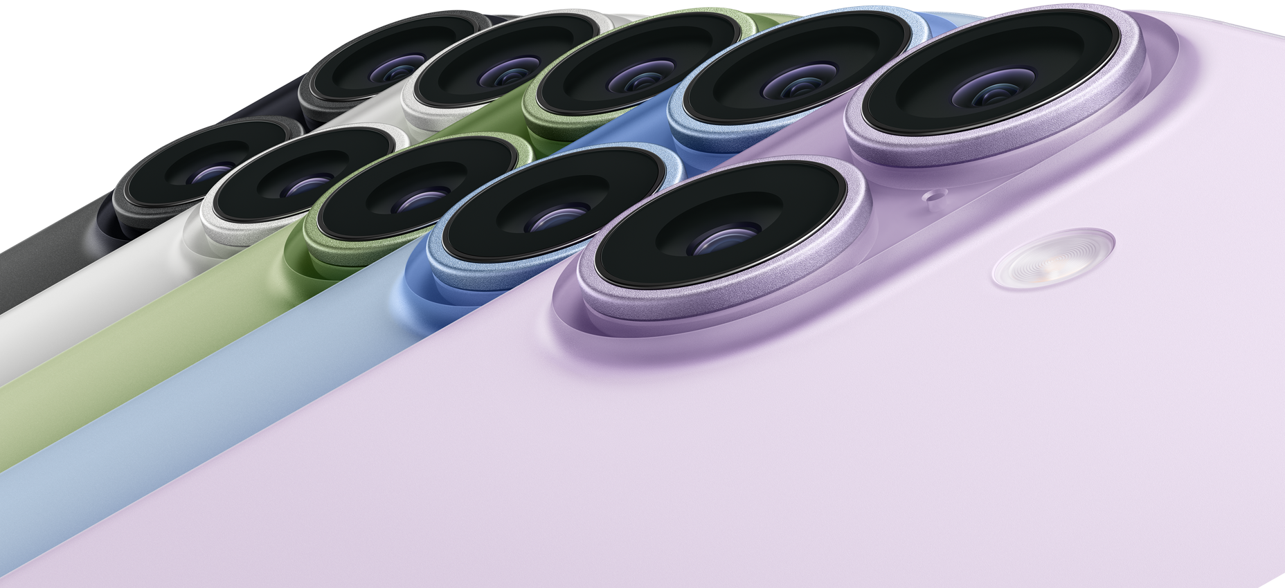 Cinco dispositivos iPhone 17, parte posterior, esquina superior izquierda, sistema de dos cámaras Fusion, colores: negro, blanco, color salvia, azul neblina, color lavanda