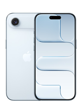 iPhone Air, parte posterior, color azul cielo, sistema de cámara Fusion en la parte superior, logo de Apple en el centro, parte frontal, color azul cielo, Dynamic Island en el centro de la parte superior