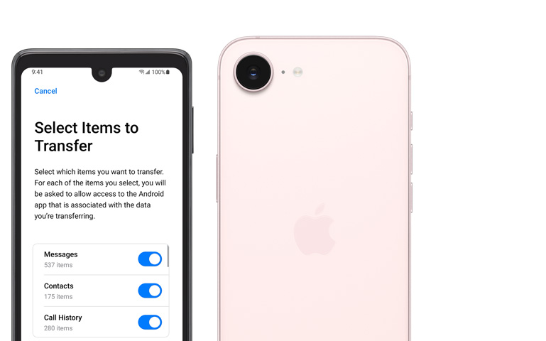 Un dispositivo al lado del otro, pantalla de un teléfono Android que muestra la app Trasladar a iOS, iPhone 17e, parte posterior, color rosa pálido, cámara Fusion