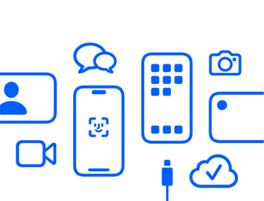 iCloud, Face ID 지원 iPhone 및 충전 케이블, 카메라 앱, 메시징, 메시지 앱 등의 Apple 기기와 기능