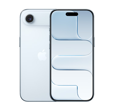 天藍色 iPhone Air 的機身背面，展示融合相機系統在頂部，Apple 標誌在中央；天藍色 iPhone Air 的機身正面展示頂部中間的動態島。