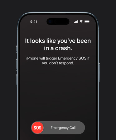 iPhone Air, pohled zepředu, aktivovaná detekce autonehody