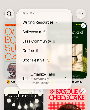 iPhone Safari 瀏覽器，顯示過濾條件選單，內含「Writing Resources」、「Activewear」、「Jazz Community」、「Coffee」和「Book Festival」五個類別，已選取自動分類選項