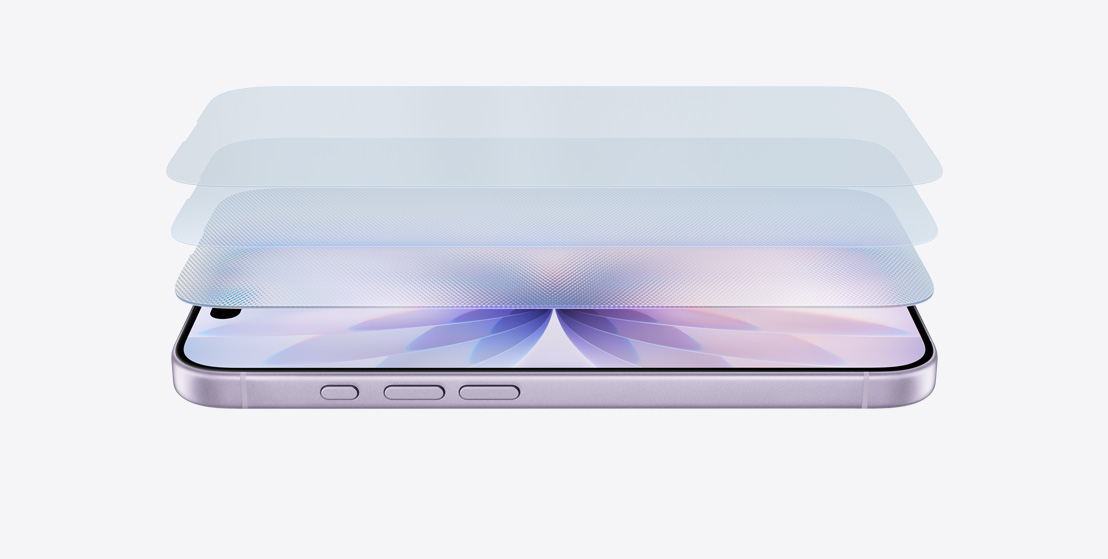 iPhone 17 vodoravno položen u boji lavande, sa slojevitim dizajnom koji prikazuje Ceramic Shield 2