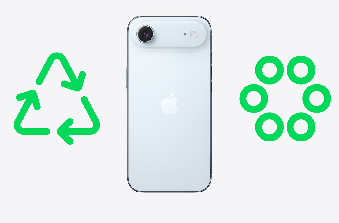 iPhone Air aizmugure, zaļa pārstrādes ikona, zaļa apaļu materiālu ikona