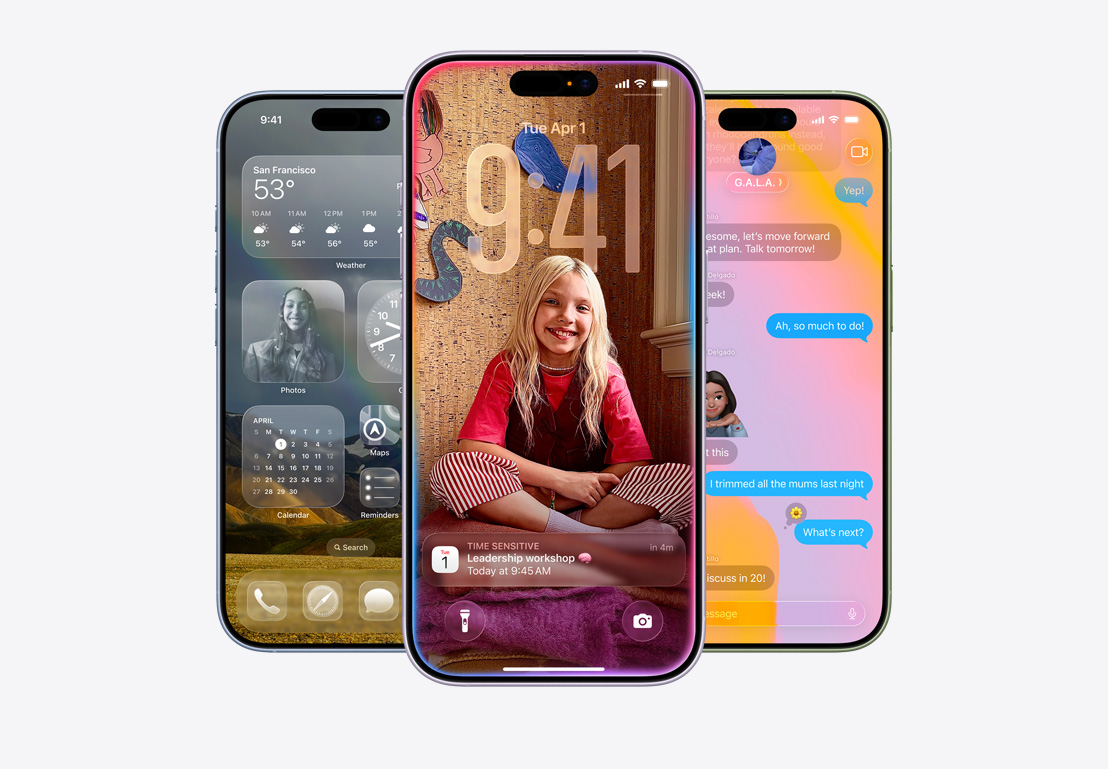 iPhone screen showing call screening pop-up, iPhone screen showing Calendar pop-up on personalized background with photo of a child, iPhone screen showing Messages with Liquid Glass design