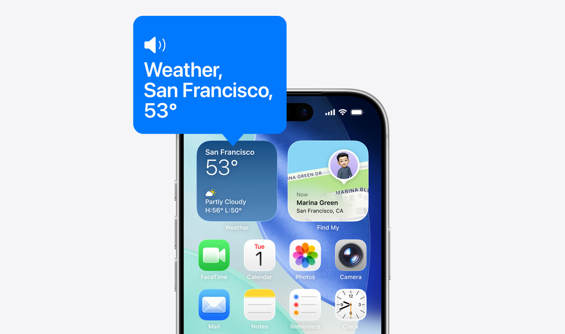 iPhone sākumekrāns, laikapstākļu ikonas vidžets, ko skaļi nolasa VoiceOver