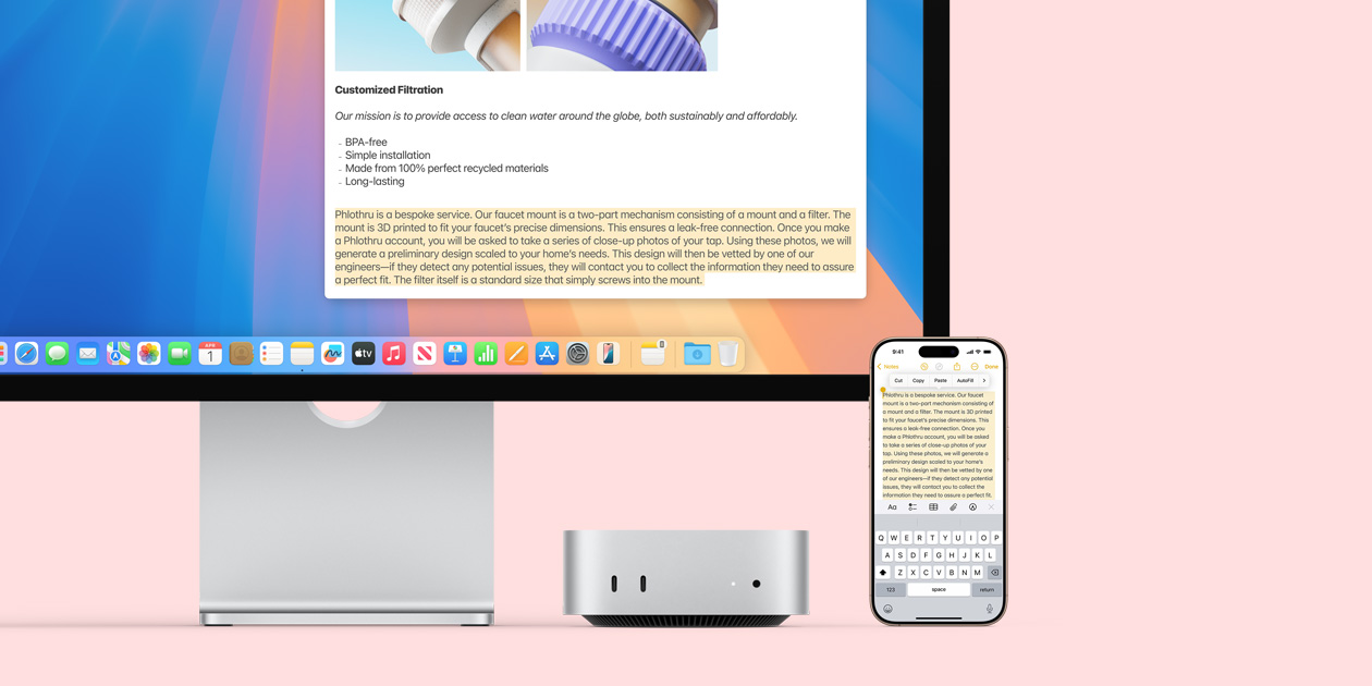 Монітор Mac, сріблястий Mac mini та iPhone розташовані поряд. На моніторі й екрані iPhone демонструється функція універсального буфера обміну, яка дає змогу копіювати та вставляти вміст з одного пристрою Apple на інший