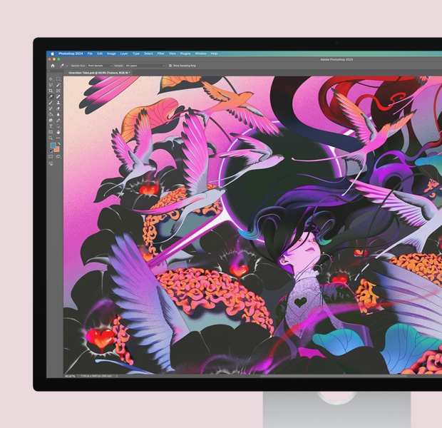 На екрані монітора показано яскраве зображення в Adobe Photoshop