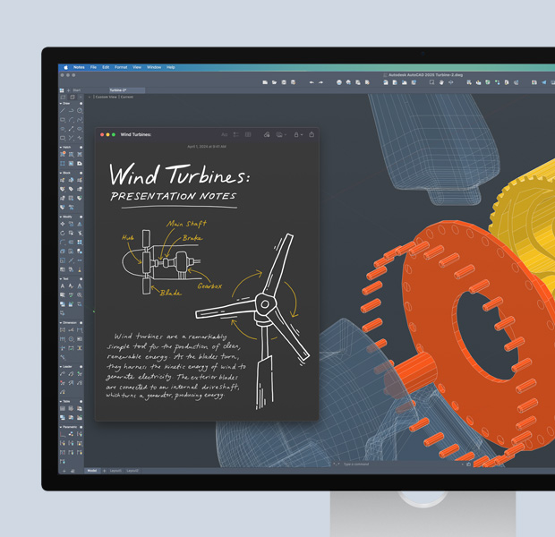 На екрані показано проєкт, відкритий в Autodesk AutoCAD, із малюнками та нотатками