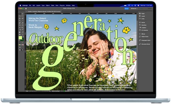 一部 MacBook Air，螢幕顯示 Adobe InDesign 專案