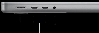 MacBook Pro de 14 pulgadas con chip M5, cerrada, lado izquierdo, con un puerto MagSafe 3, dos puertos Thunderbolt 4 y entrada para audífonos