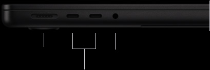 MacBook Pro de 14 pulgadas con chip M5 Pro o M5 Max, cerrada, lado izquierdo, con un puerto MagSafe 3, dos puertos Thunderbolt 5 y entrada para audífonos