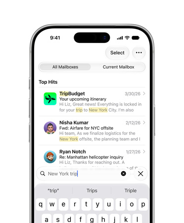 iPhone 17 Pro, Perak, layar depan menampilkan pilihan email yang diambil dari istilah pencarian perjalanan New York