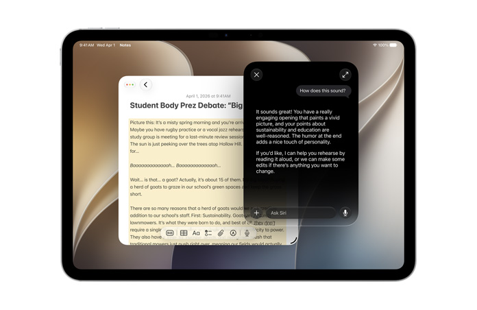 iPad Pro 11, Perak, layar depan menampilkan aplikasi Catatan dengan teks, permintaan ke Siri AI untuk membuat konten baru
