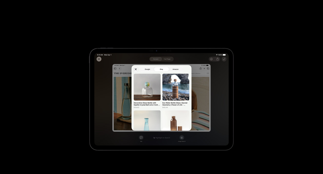iPad Pro 11, Hitam Angkasa, layar menampilkan gambar produk untuk merespons permintaan Kecerdasan Visual pada layar tentang botol kaca, tombol Minta atau Pencarian Gambar ditampilkan di bawah gambar