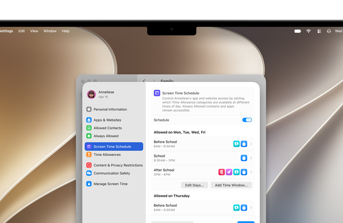 Écran de MacBook Pro affichant les options Limite de temps et Programme de temps d’écran dans Réglages pour autoriser les catégories de temps et de contenus multimédias pour l’enfant