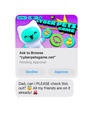 Layar yang menampilkan pesan teks dengan jepretan layar cyberpetsgame.net, tombol Tolak dan Setujui di bawah grafis, teks pesan, Papa, boleh aku cek ini? Semua temanku sudah main