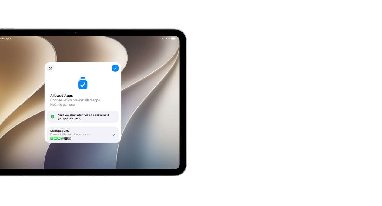 iPad Pro 11, Perak, layar menampilkan aplikasi Asisten Pengaturan dengan pilihan aplikasi yang dapat dipilih orang tua untuk anak mereka