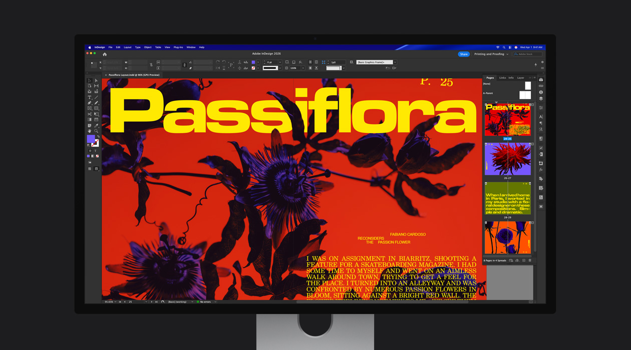 一個版面設計軟件的檔案中，鮮艷的雜誌頁面展示 P3 + Adobe RGB 色彩空間