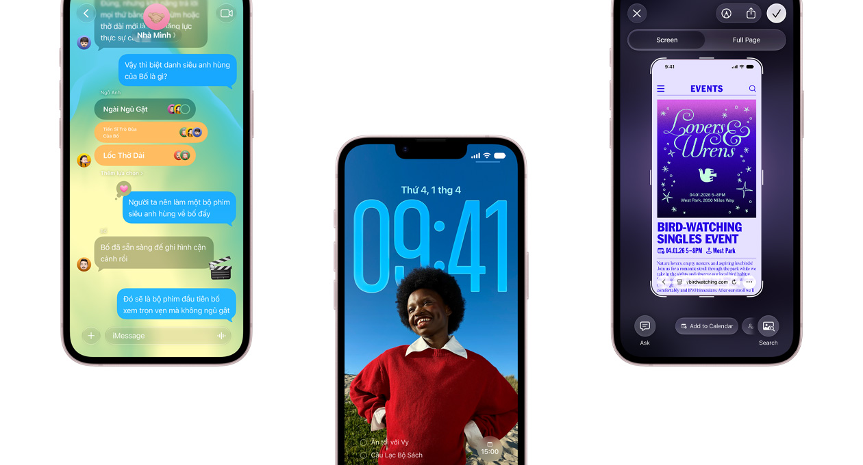 Ba thiết bị iPhone 17e, hiển thị ứng dụng Tin Nhắn với thiết kế Liquid Glass, Màn Hình Khóa động và tính năng chụp màn hình với sự kiện Lịch đang được sử dụng